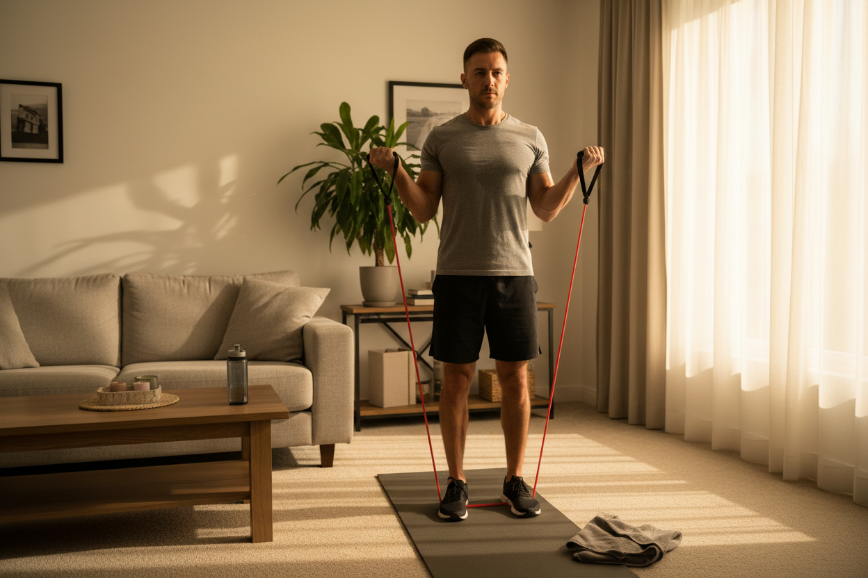 Donne moi une image d'un homme avec des bandes des bandes de résistance dans une maison 
