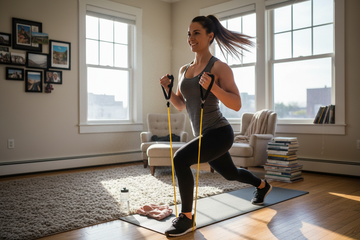 Une femme faisant du sport avec des tube des résistance chez elle